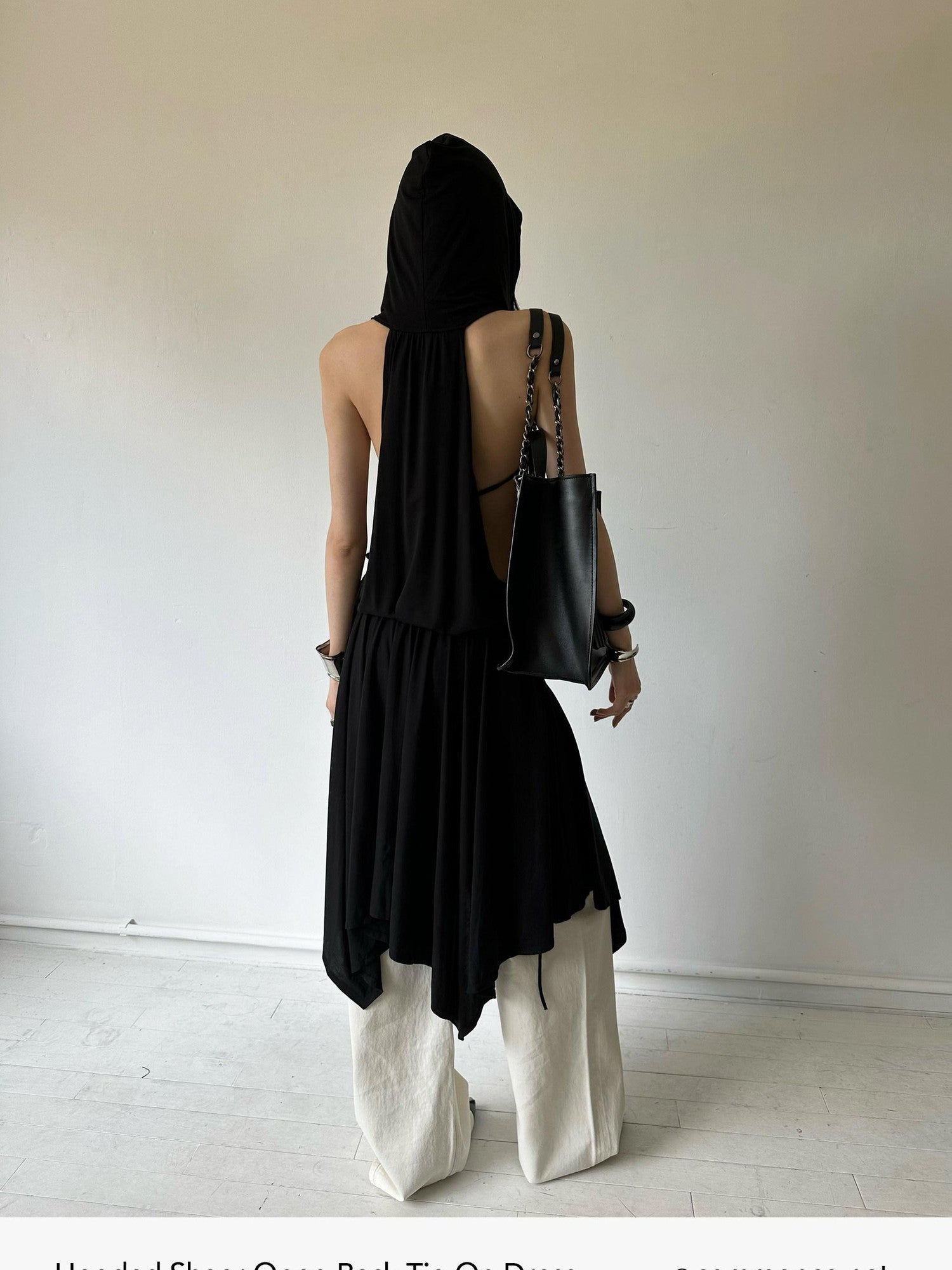 commonce net Black Hooded Draped Neck Backless Drawstring Women&