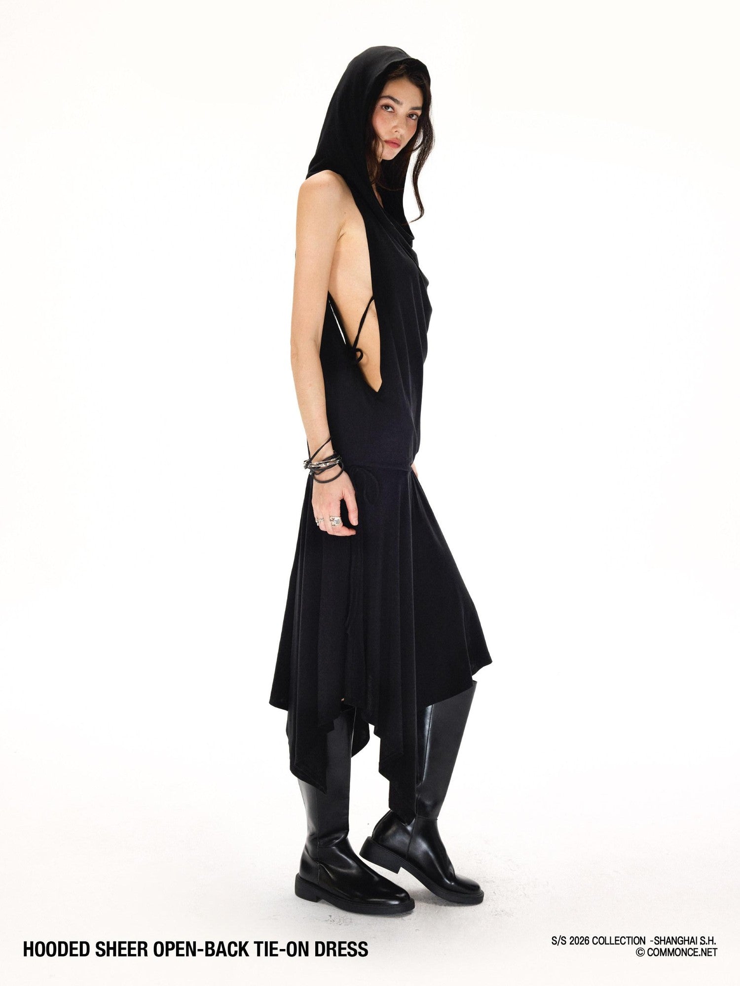 commonce net Black Hooded Draped Neck Backless Drawstring Women&