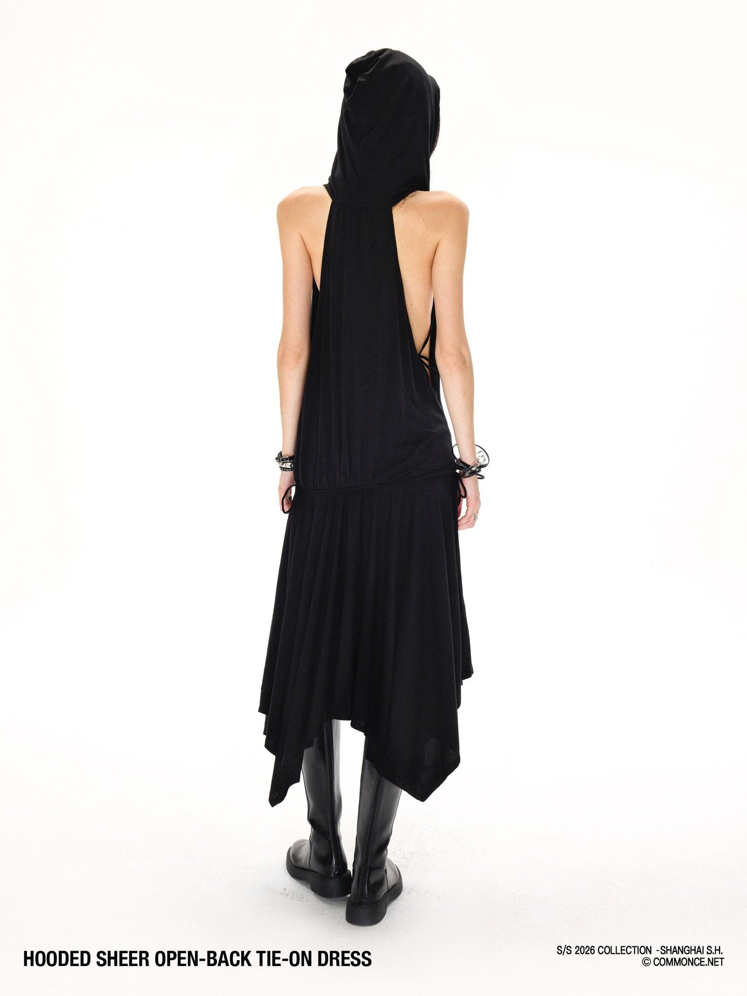 commonce net Black Hooded Draped Neck Backless Drawstring Women&