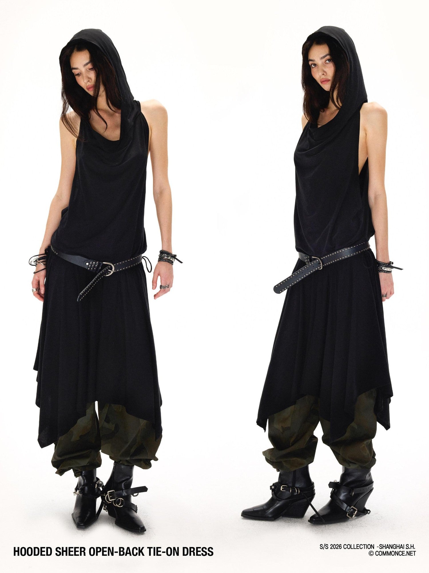 commonce net Black Hooded Draped Neck Backless Drawstring Women&