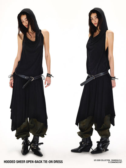 commonce net Black Hooded Draped Neck Backless Drawstring Women&
