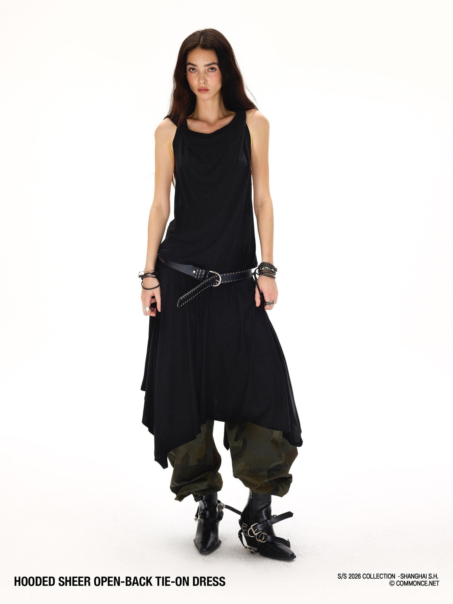 commonce net Black Hooded Draped Neck Backless Drawstring Women&