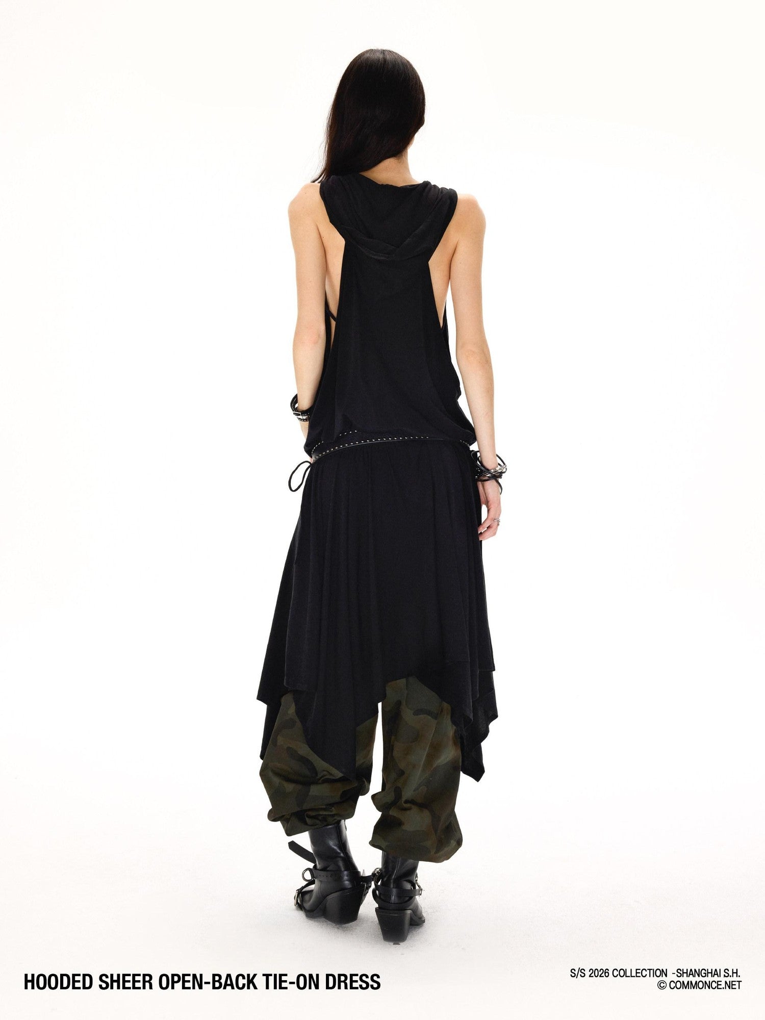 commonce net Black Hooded Draped Neck Backless Drawstring Women&
