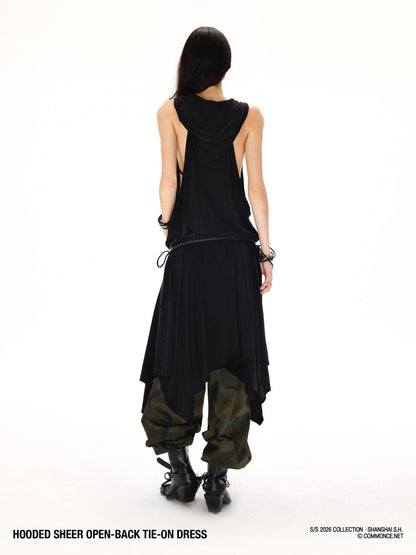 commonce net Black Hooded Draped Neck Backless Drawstring Women&