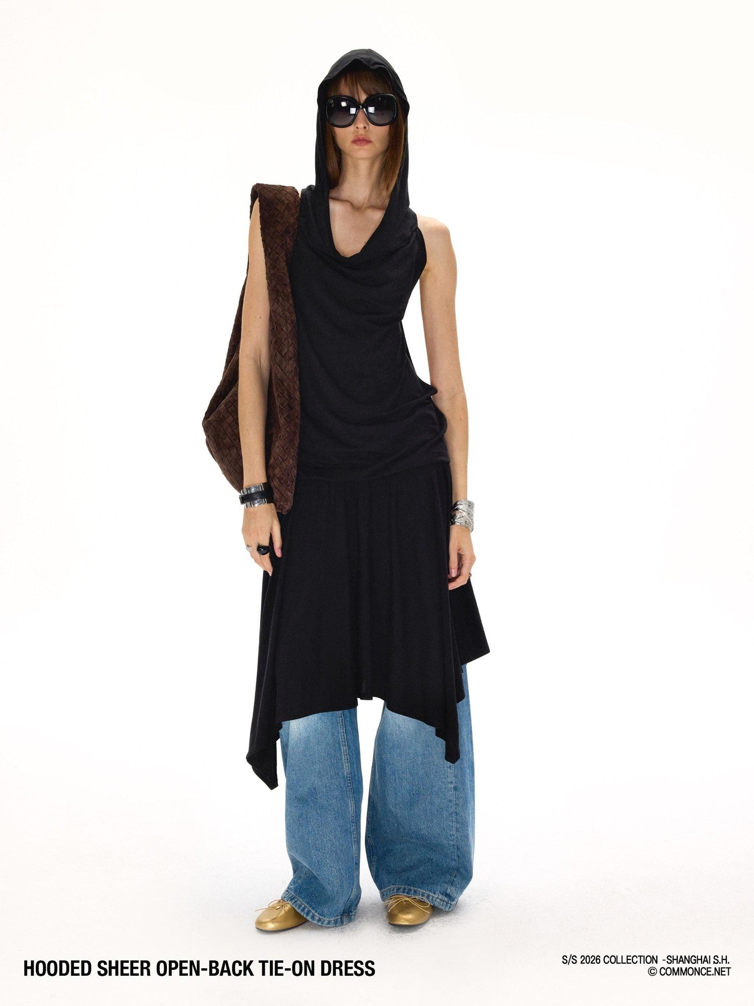 commonce net Black Hooded Draped Neck Backless Drawstring Women&