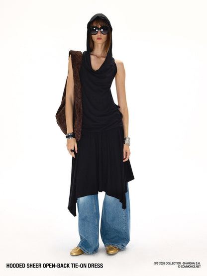commonce net Black Hooded Draped Neck Backless Drawstring Women&