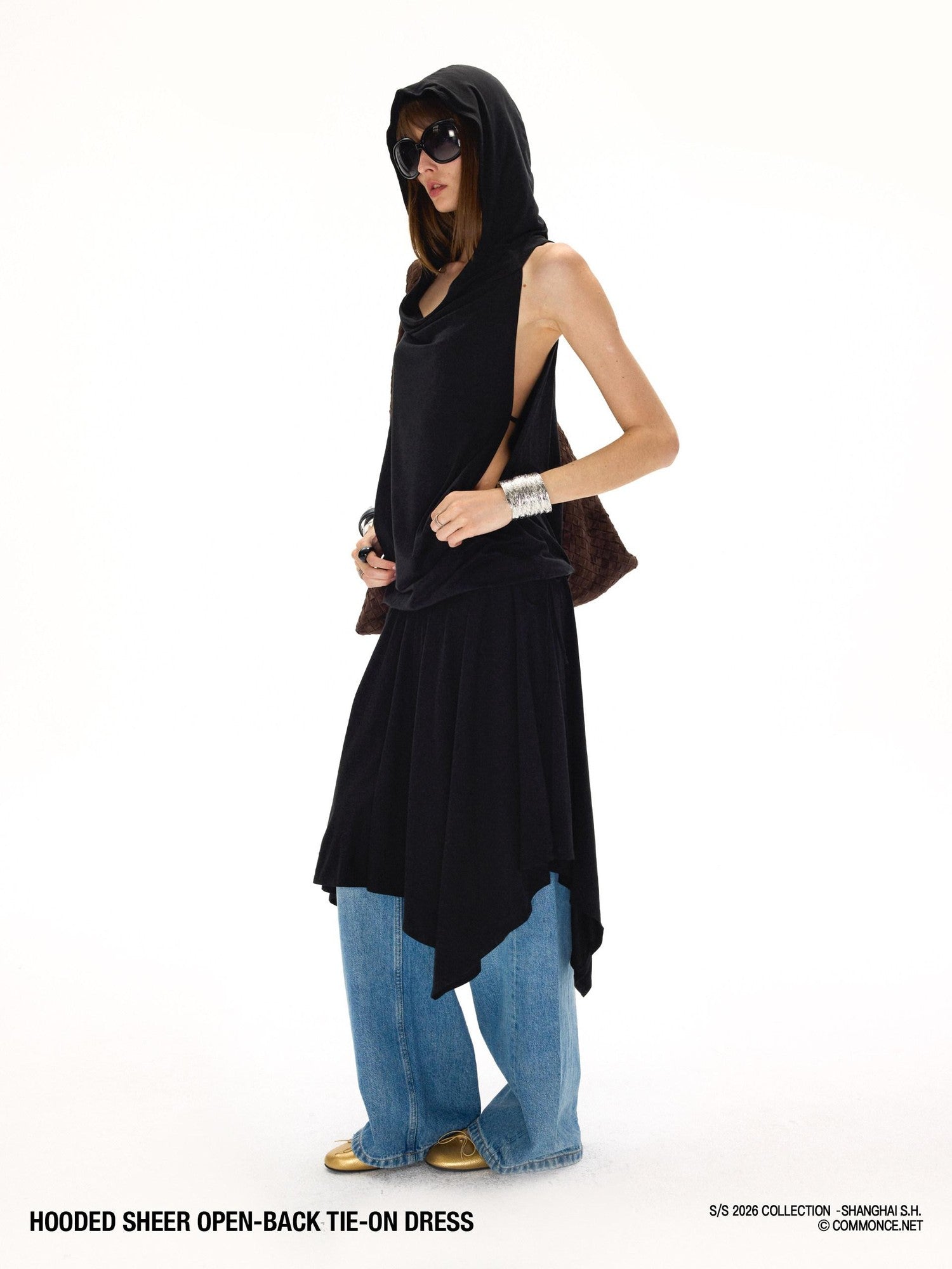 commonce net Black Hooded Draped Neck Backless Drawstring Women&