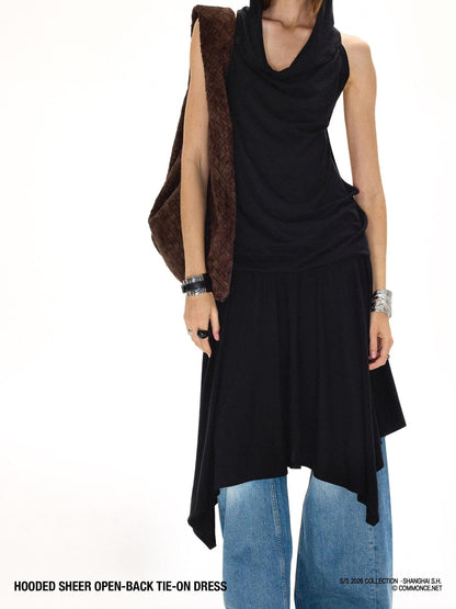 commonce net Black Hooded Draped Neck Backless Drawstring Women&