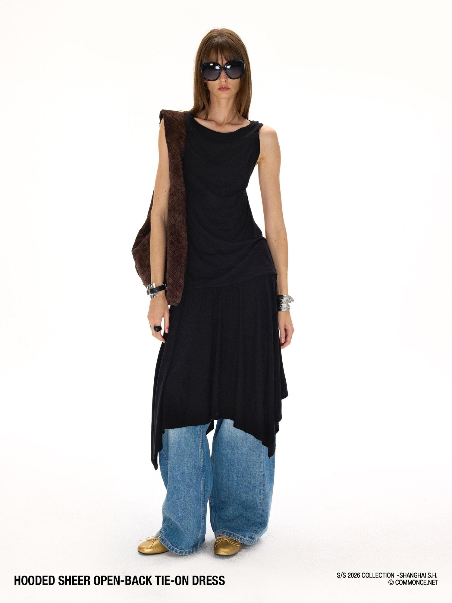 commonce net Black Hooded Draped Neck Backless Drawstring Women&