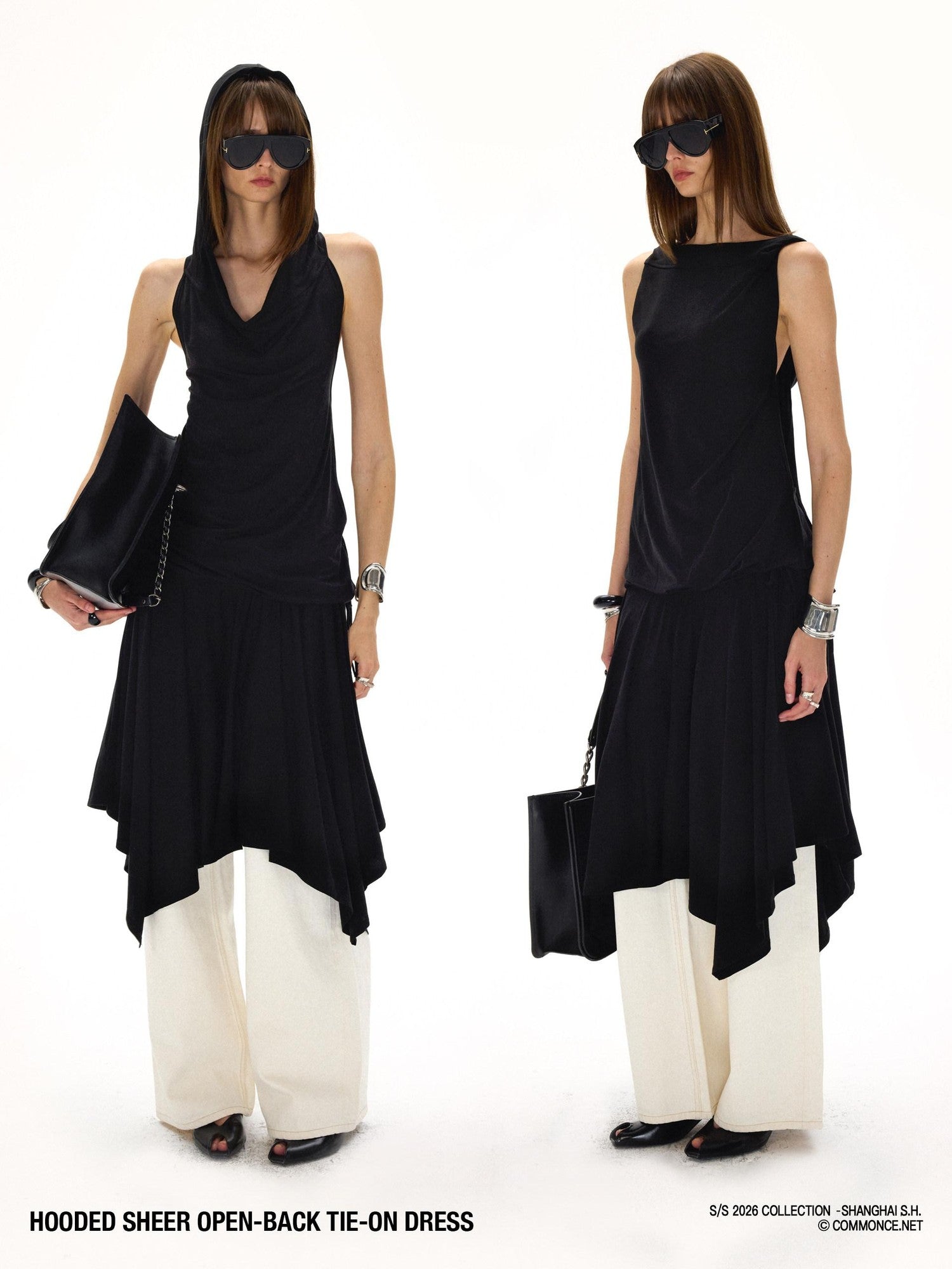 commonce net Black Hooded Draped Neck Backless Drawstring Women&
