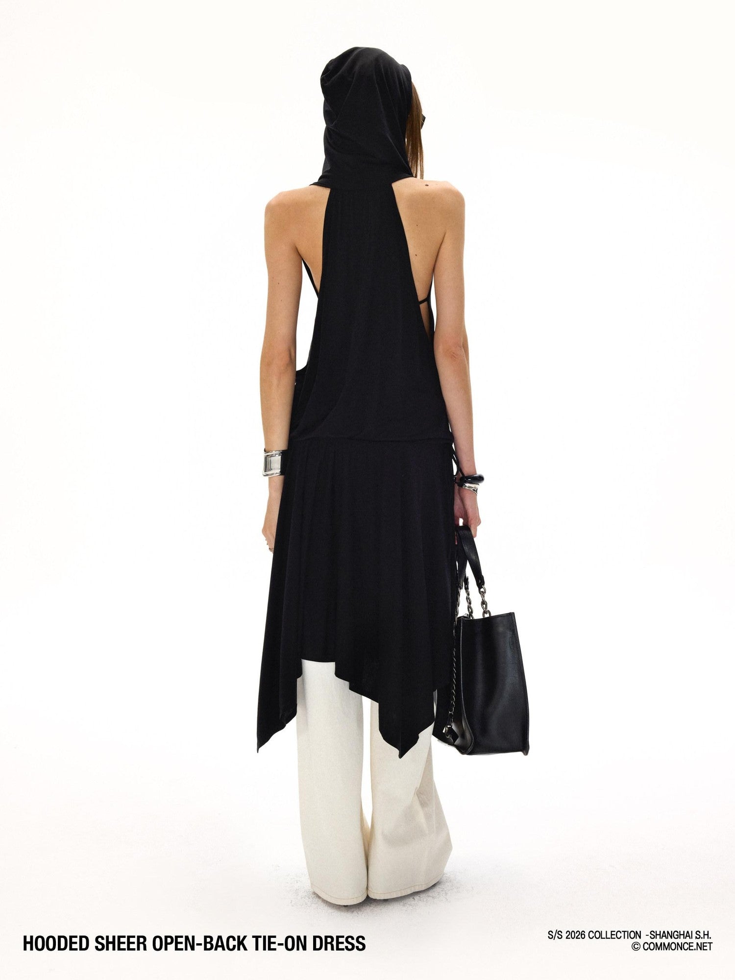 commonce net Black Hooded Draped Neck Backless Drawstring Women&