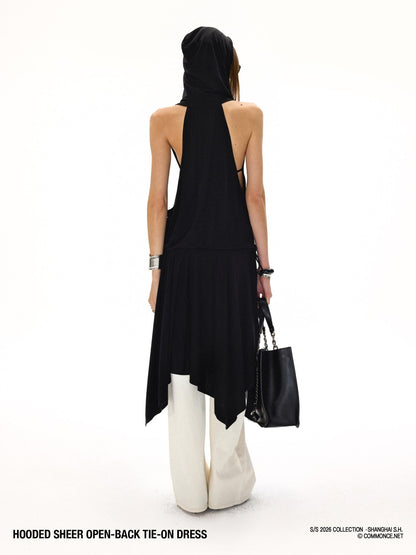 commonce net Black Hooded Draped Neck Backless Drawstring Women&