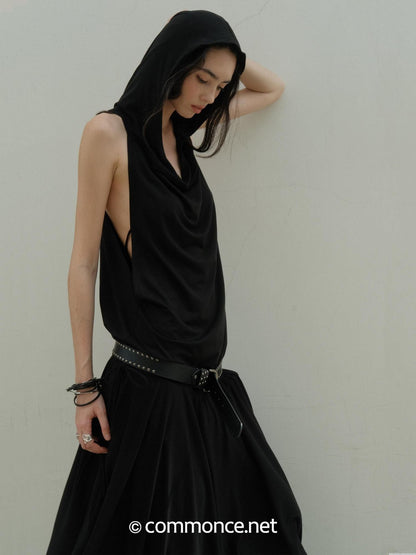 commonce net Black Hooded Draped Neck Backless Drawstring Women&
