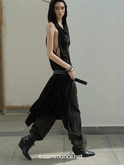 commonce net Black Hooded Draped Neck Backless Drawstring Women&