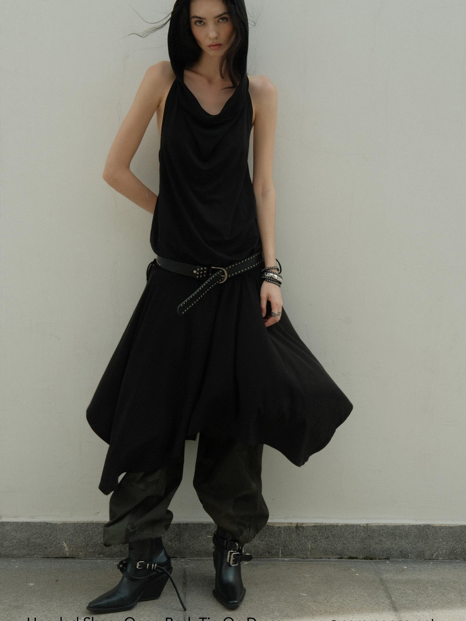 commonce net Black Hooded Draped Neck Backless Drawstring Women&