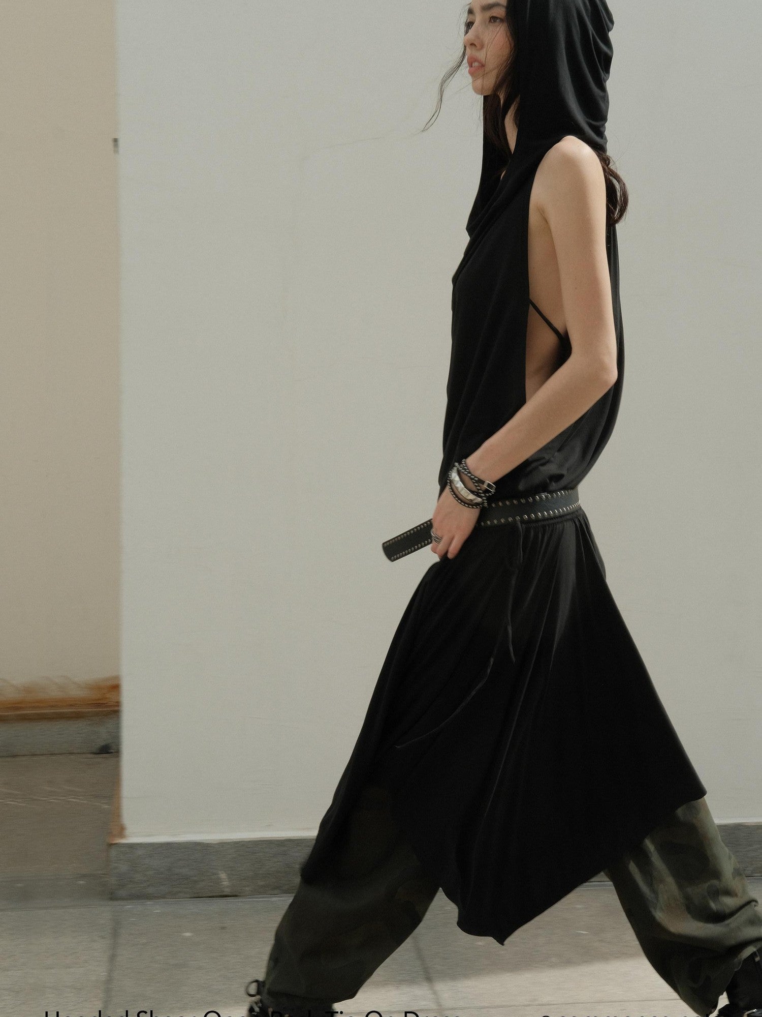 commonce net Black Hooded Draped Neck Backless Drawstring Women&