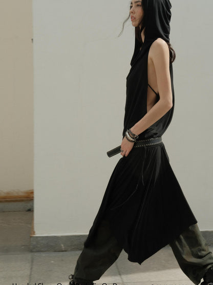 commonce net Black Hooded Draped Neck Backless Drawstring Women&
