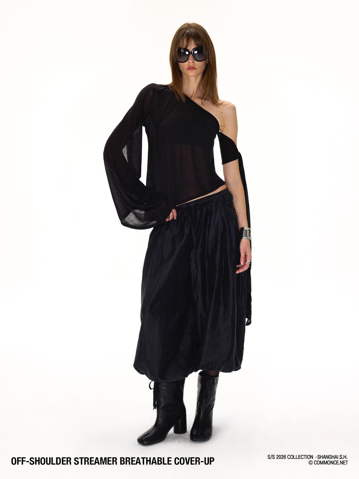 commonce net Black One Shoulder Tie Irregular Hem Tube Set Women&
