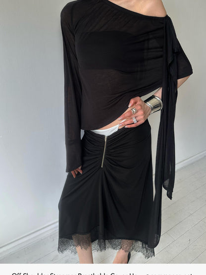 commonce net Black One Shoulder Tie Irregular Hem Tube Set Women&