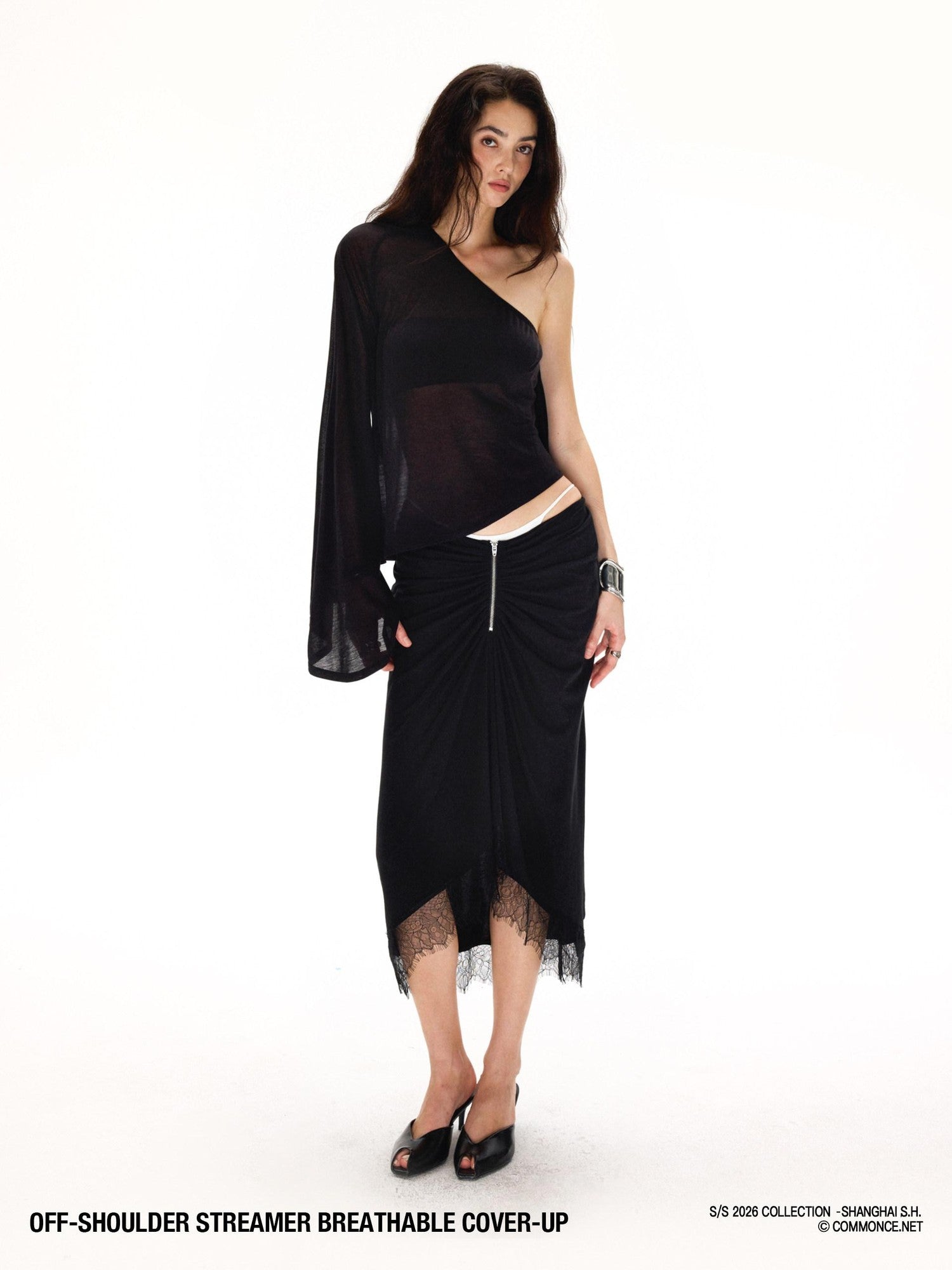 commonce net Black One Shoulder Tie Irregular Hem Tube Set Women&