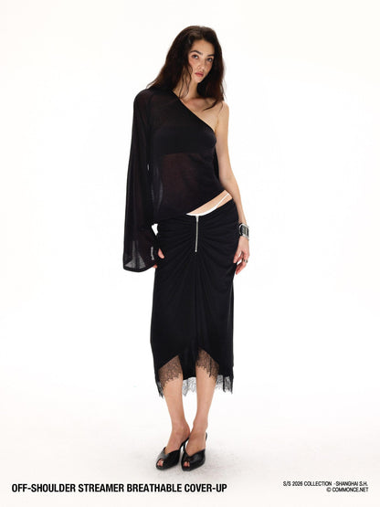 commonce net Black One Shoulder Tie Irregular Hem Tube Set Women&