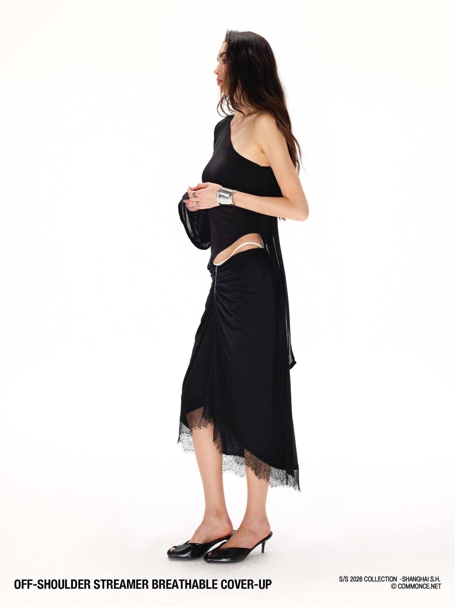 commonce net Black One Shoulder Tie Irregular Hem Tube Set Women&