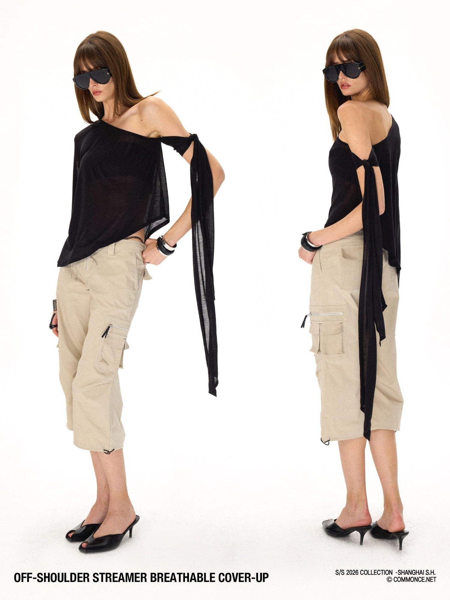 commonce net Black One Shoulder Tie Irregular Hem Tube Set Women&