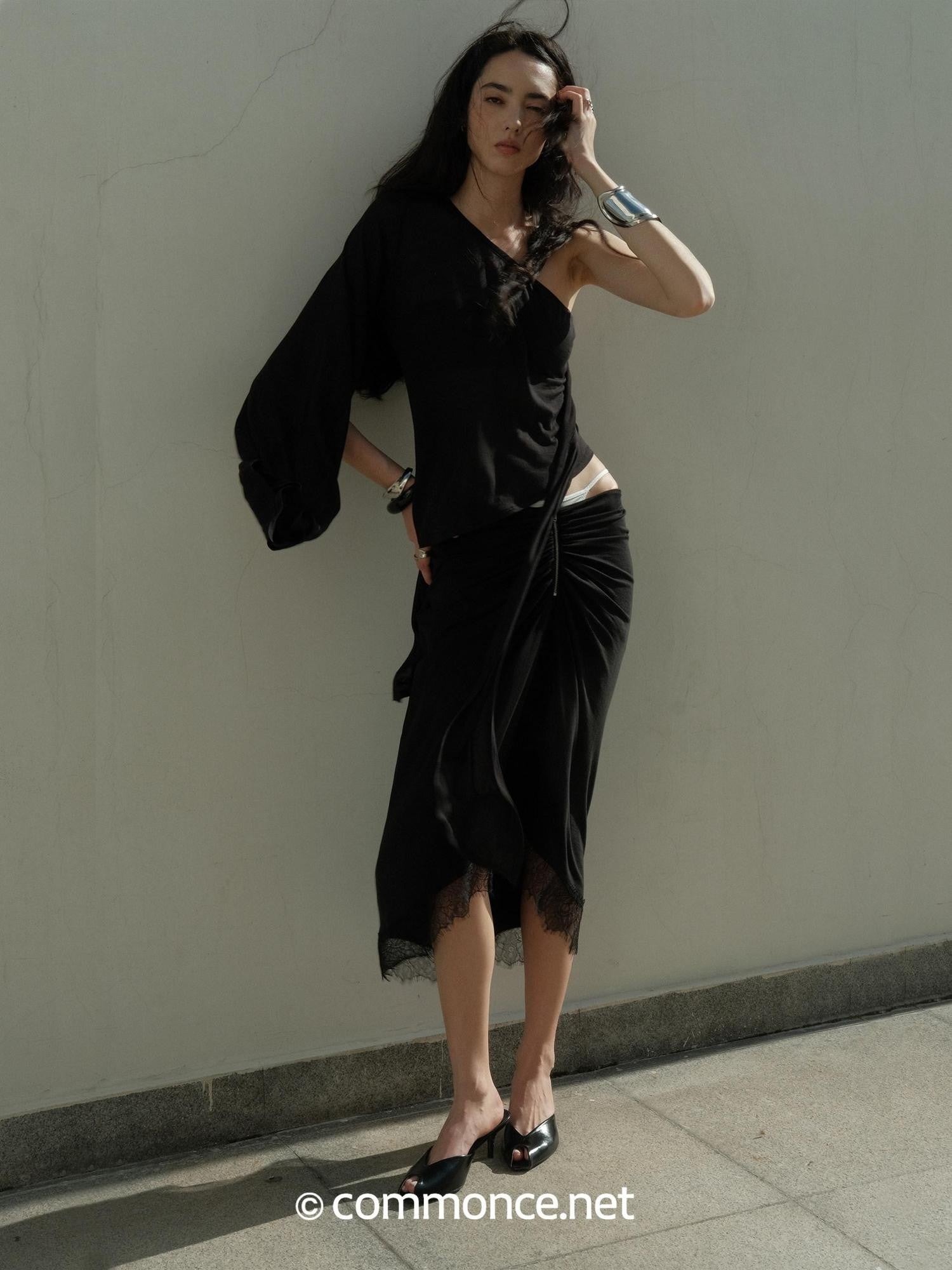 commonce net Black One Shoulder Tie Irregular Hem Tube Set Women&