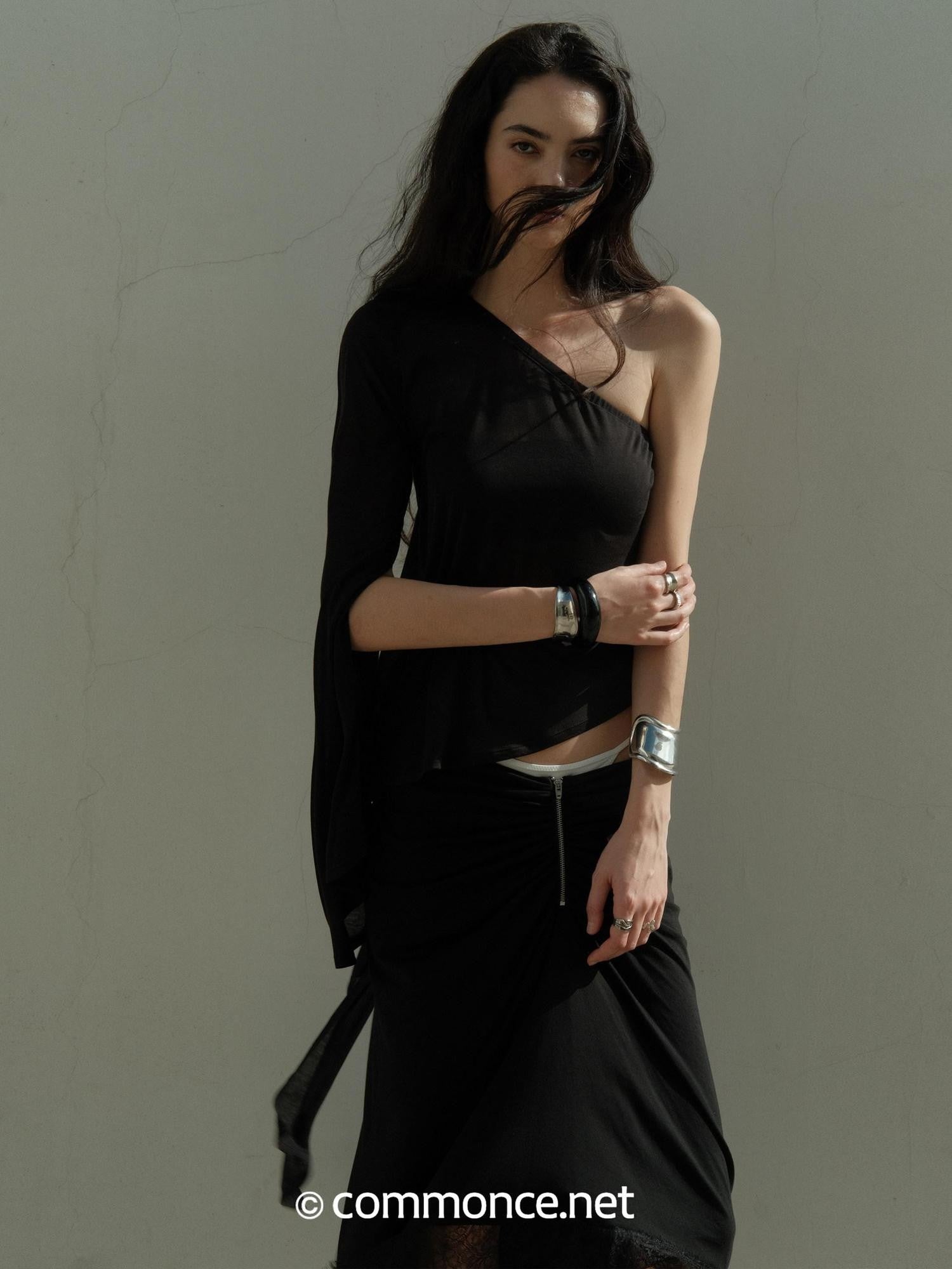 commonce net Black One Shoulder Tie Irregular Hem Tube Set Women&
