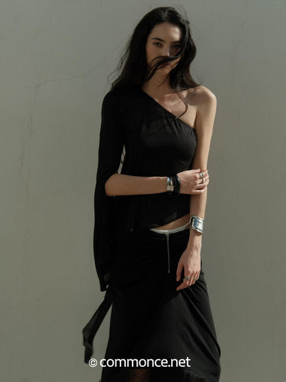 commonce net Black One Shoulder Tie Irregular Hem Tube Set Women&