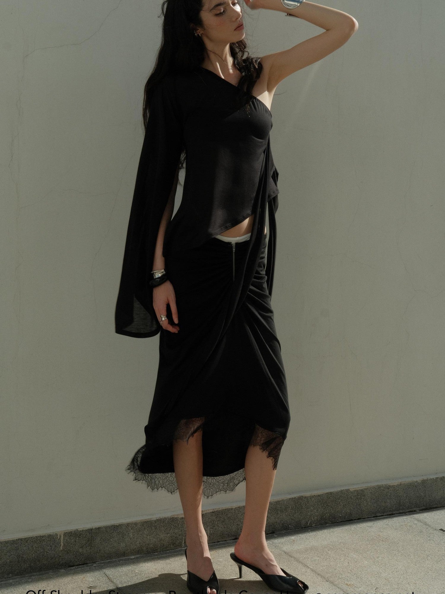 commonce net Black One Shoulder Tie Irregular Hem Tube Set Women&