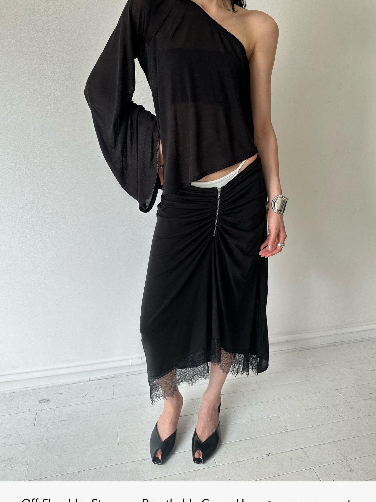commonce net Black One Shoulder Tie Irregular Hem Tube Set Women&