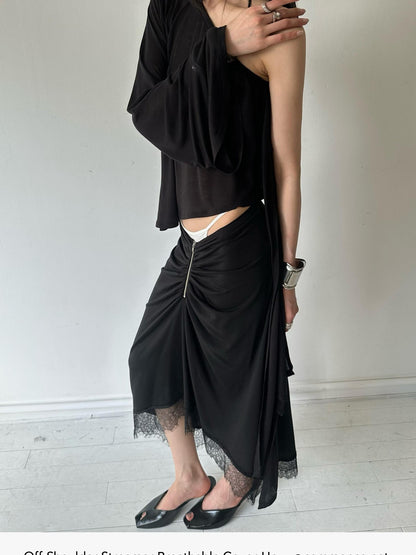 commonce net Black One Shoulder Tie Irregular Hem Tube Set Women&
