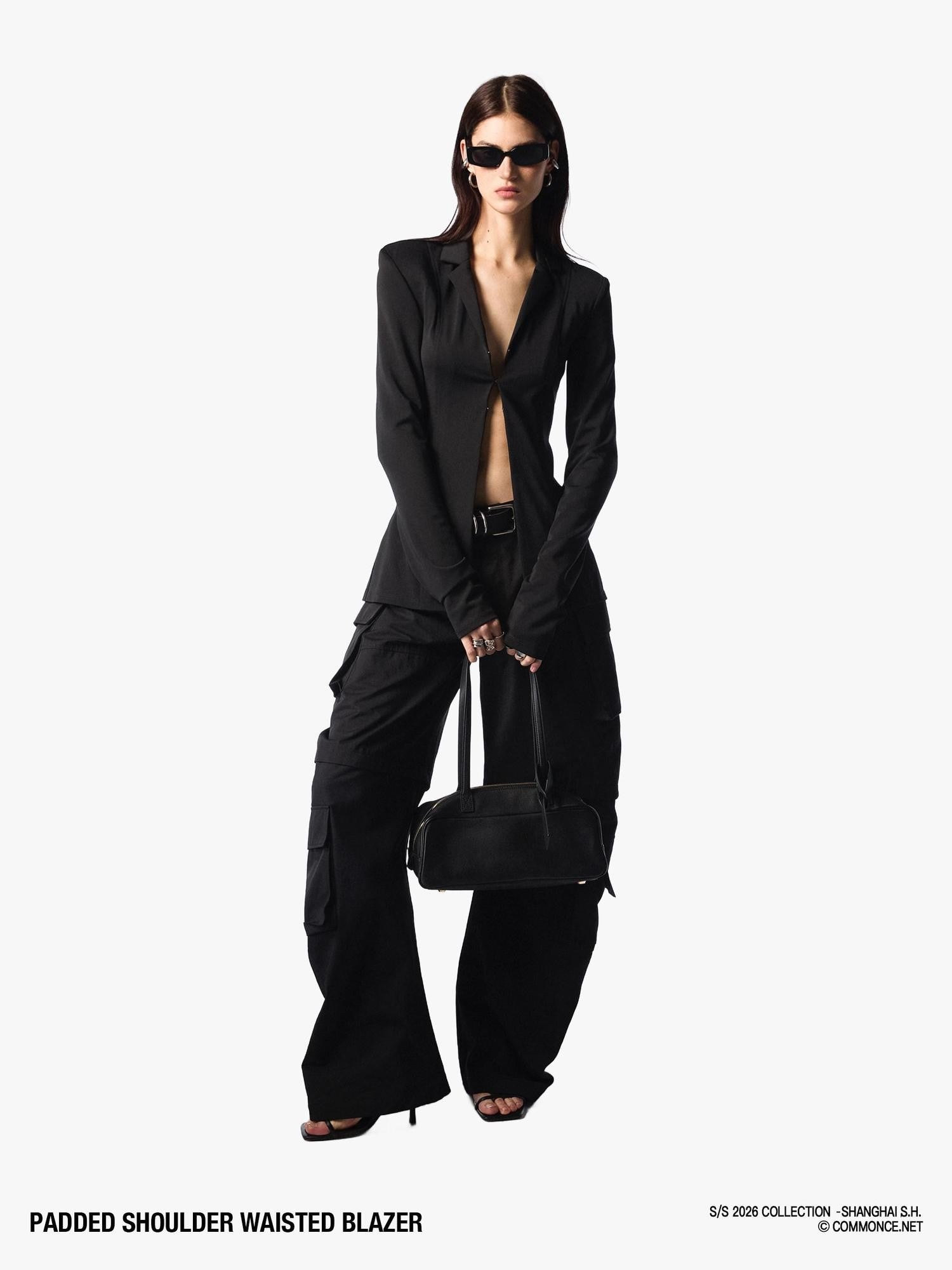commonce net Black Padded Shoulder Waist Cinched Back Vent Women&