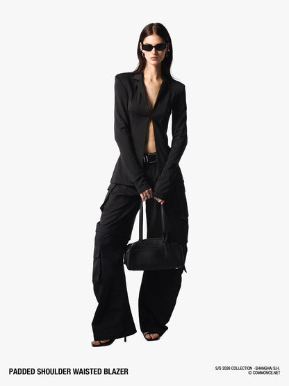 commonce net Black Padded Shoulder Waist Cinched Back Vent Women&
