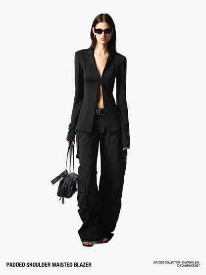 commonce net Black Padded Shoulder Waist Cinched Back Vent Women&