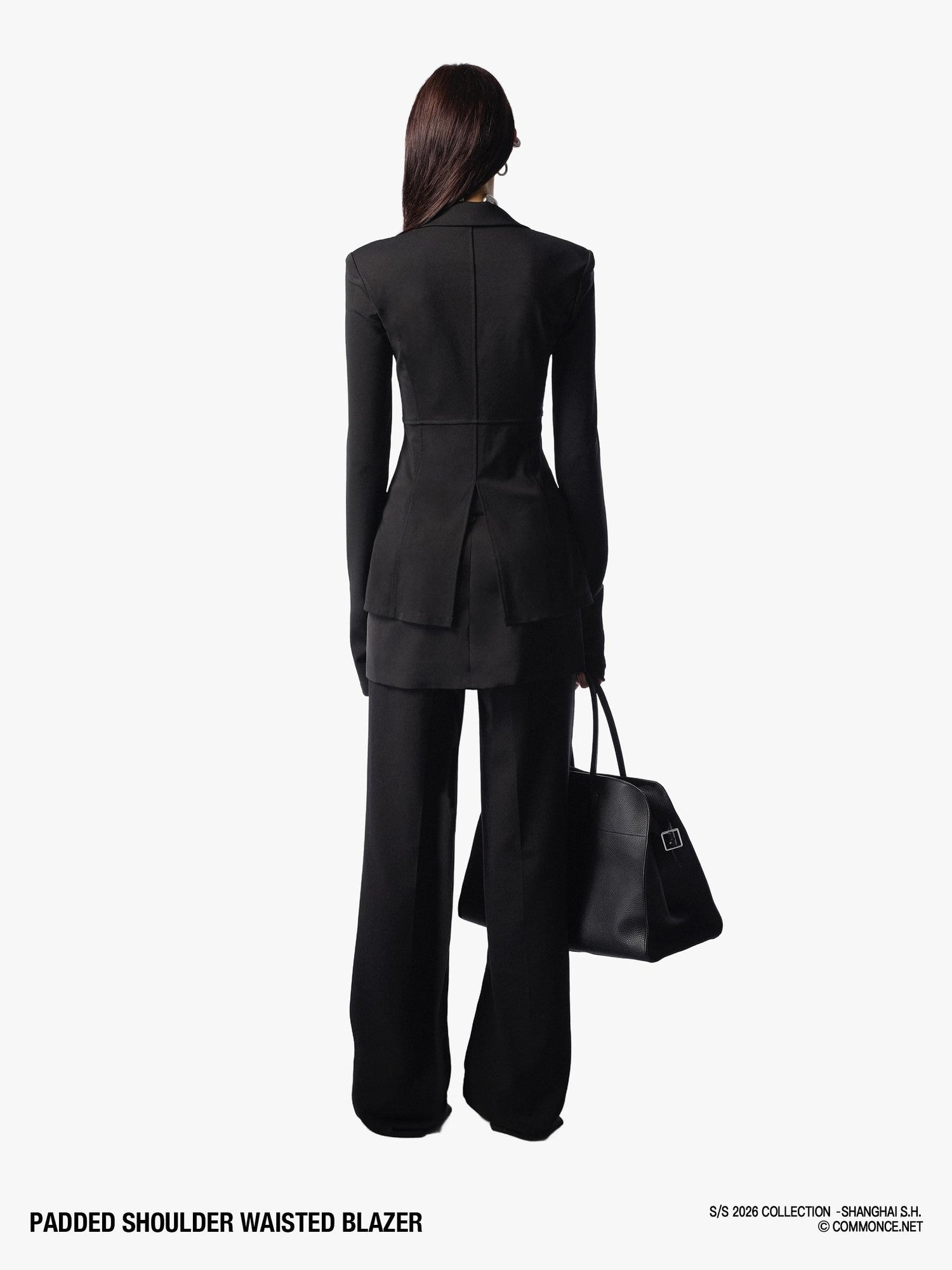 commonce net Black Padded Shoulder Waist Cinched Back Vent Women&