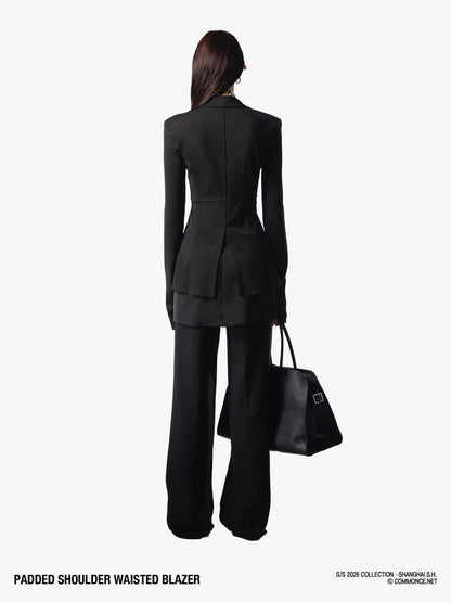 commonce net Black Padded Shoulder Waist Cinched Back Vent Women&