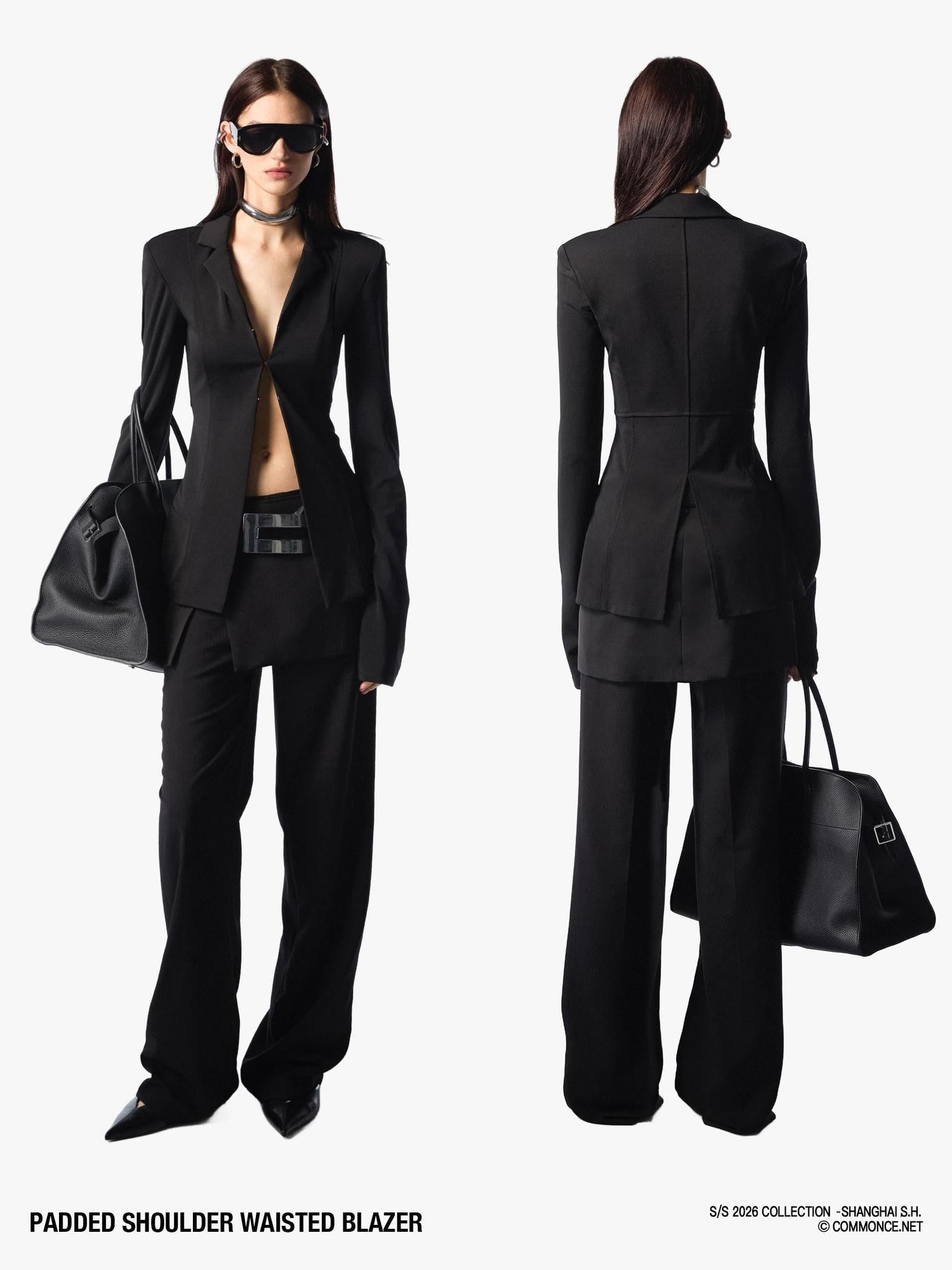 commonce net Black Padded Shoulder Waist Cinched Back Vent Women&