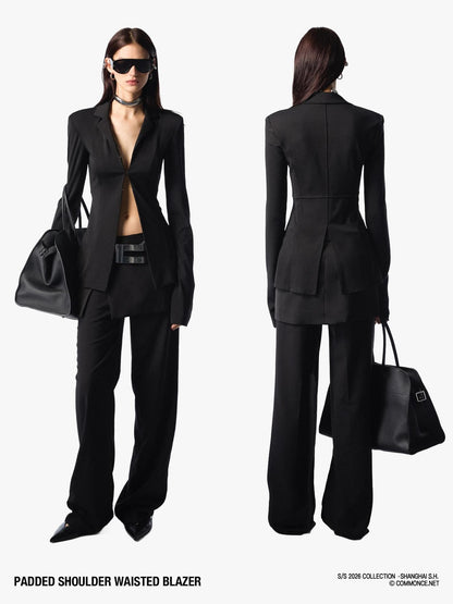 commonce net Black Padded Shoulder Waist Cinched Back Vent Women&