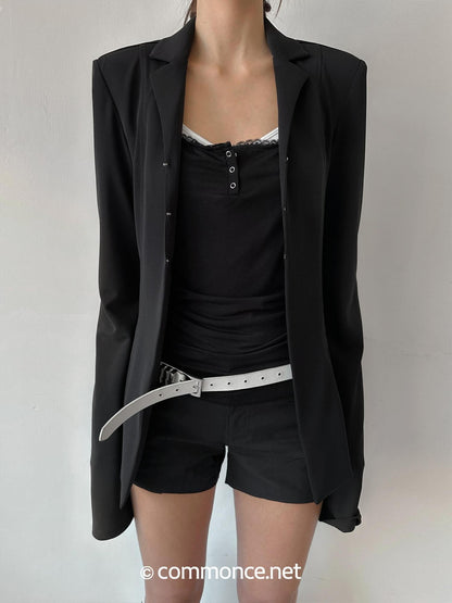 commonce net Black Padded Shoulder Waist Cinched Back Vent Women&