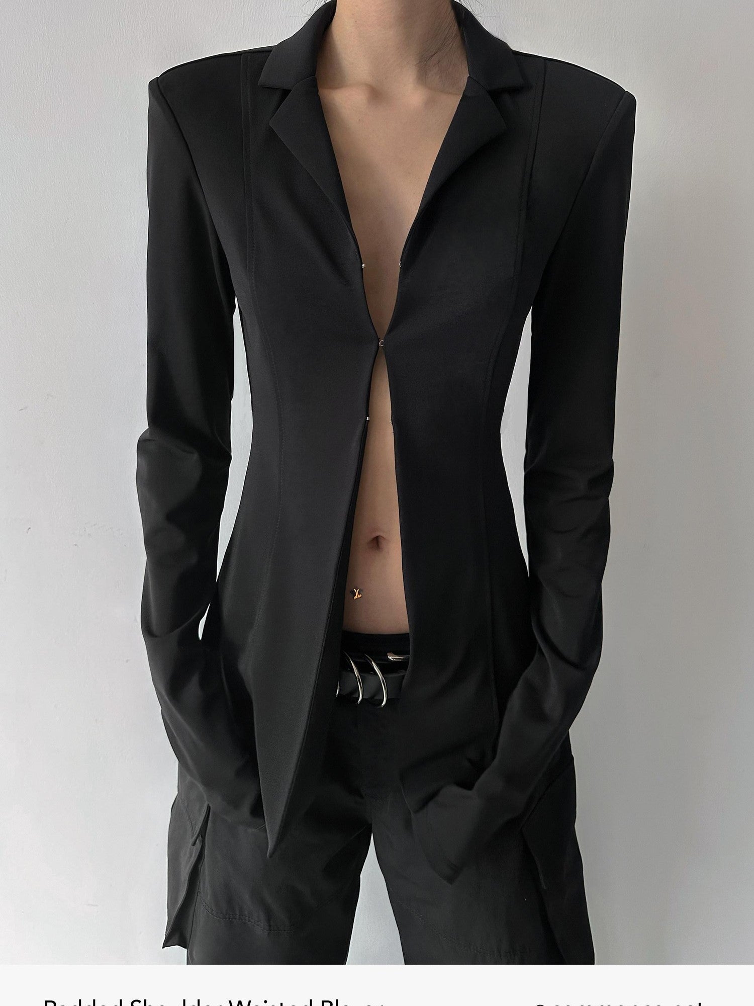 commonce net Black Padded Shoulder Waist Cinched Back Vent Women&