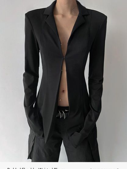 commonce net Black Padded Shoulder Waist Cinched Back Vent Women&