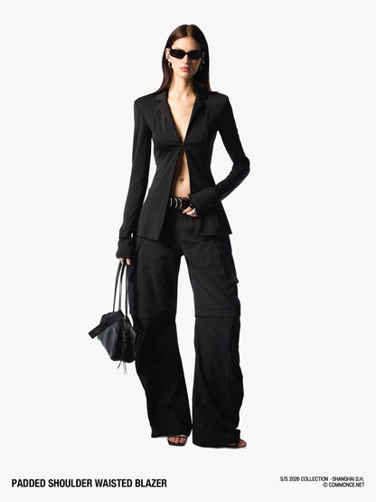commonce net Black Padded Shoulder Waist Cinched Back Vent Women&