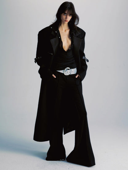 commonce net Black Patchwork Wool Blend Long Coat With Leather Sleeve Detail