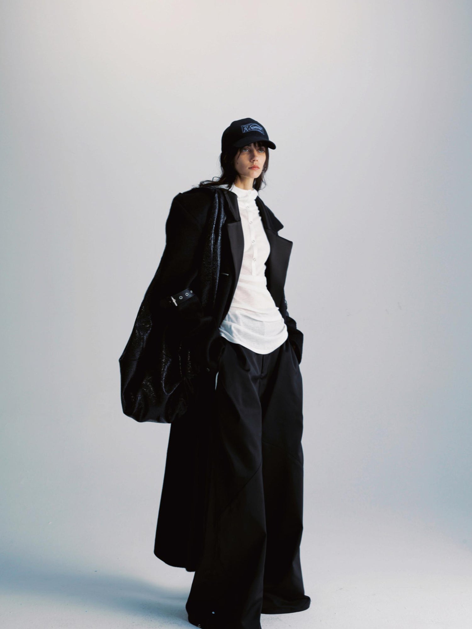 commonce net Black Patchwork Wool Blend Long Coat With Leather Sleeve Detail