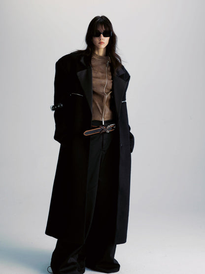 commonce net Black Patchwork Wool Blend Long Coat With Leather Sleeve Detail