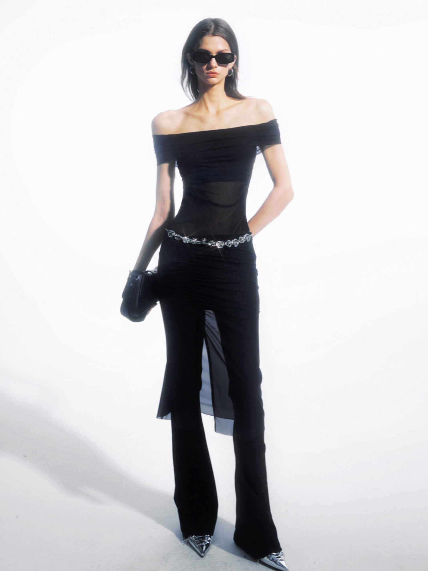 commonce net Black Pleated Patchwork Micro Flare Women&