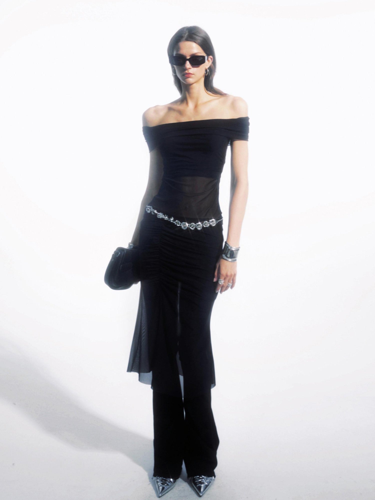 commonce net Black Pleated Patchwork Micro Flare Women&