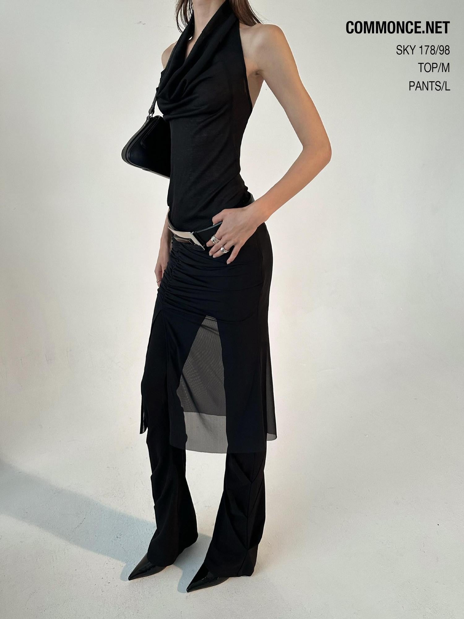 commonce net Black Pleated Patchwork Micro Flare Women&